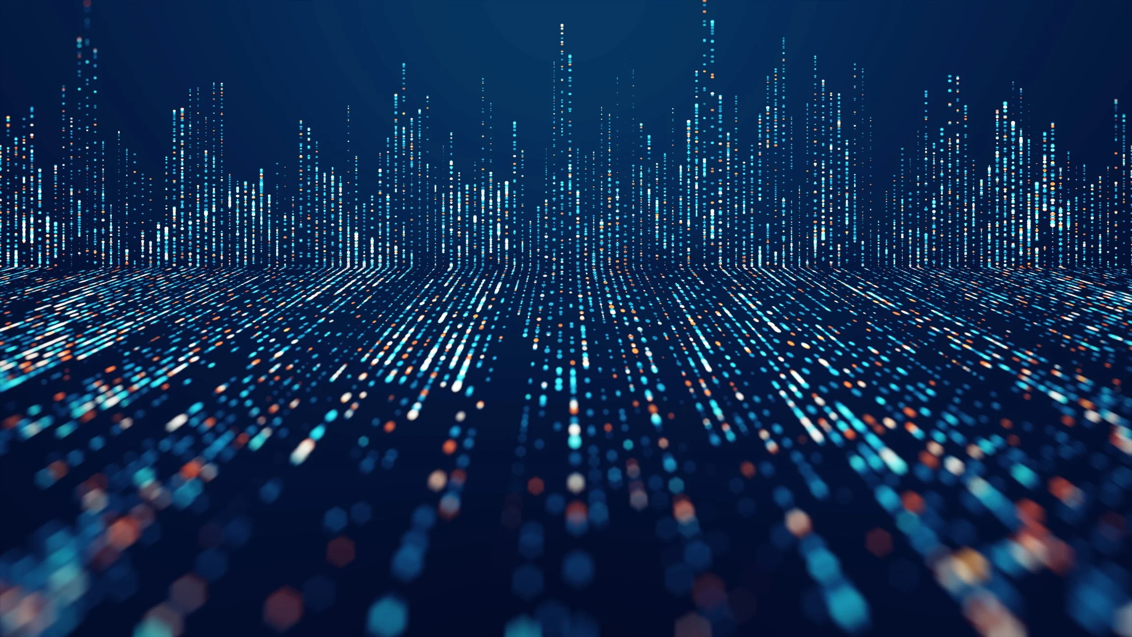 Digital abstract background with blue and orange vertical lines and dots forming a wave pattern on a dark blue background.