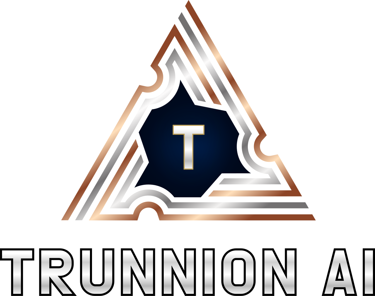 A logo with a dark background, featuring a stylized letter T in a shield and the words "TRUNNION AI" beneath it.