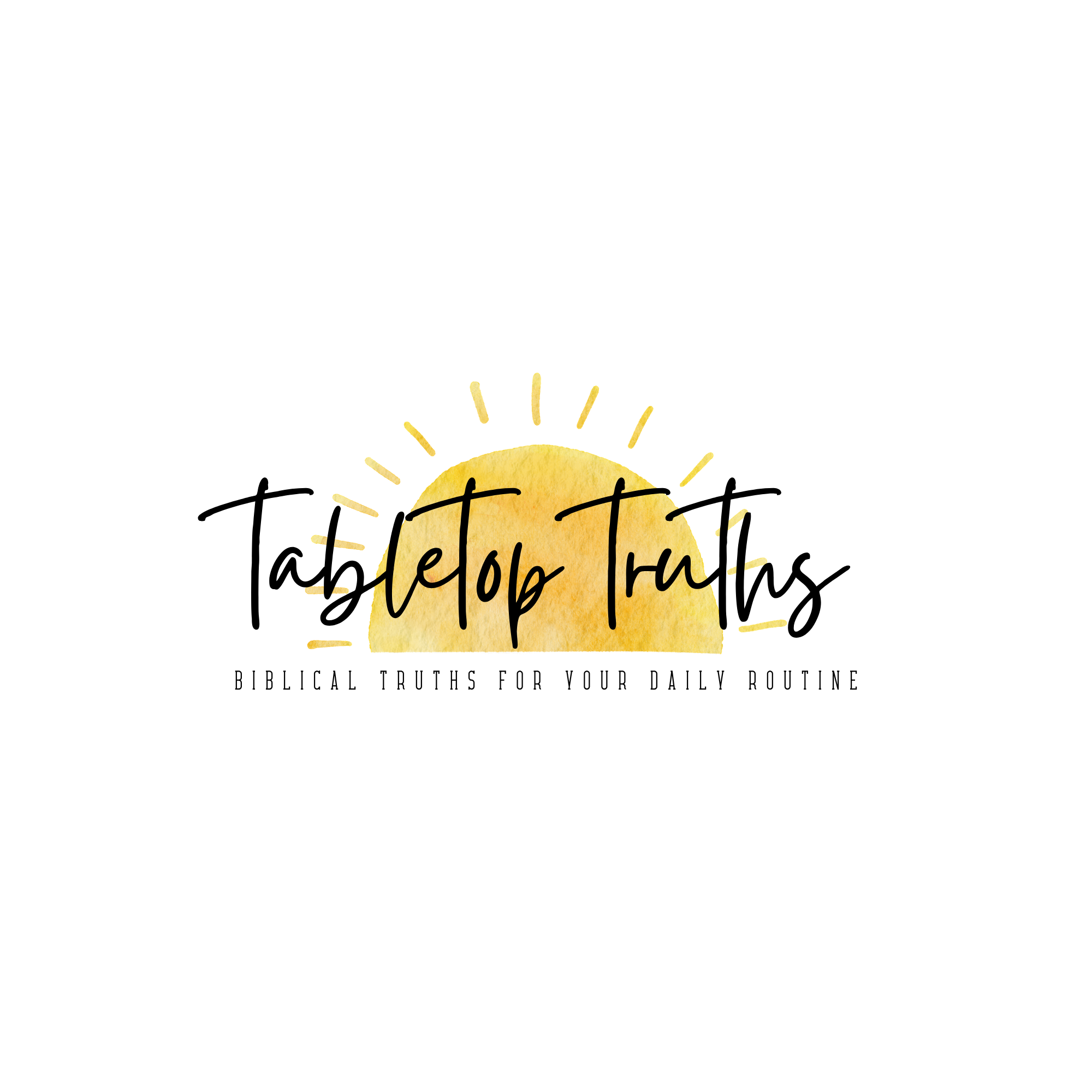 A stylized yellow sun with black text that says "Biblical Truths for Your Daily Routine" with rays radiating outward.