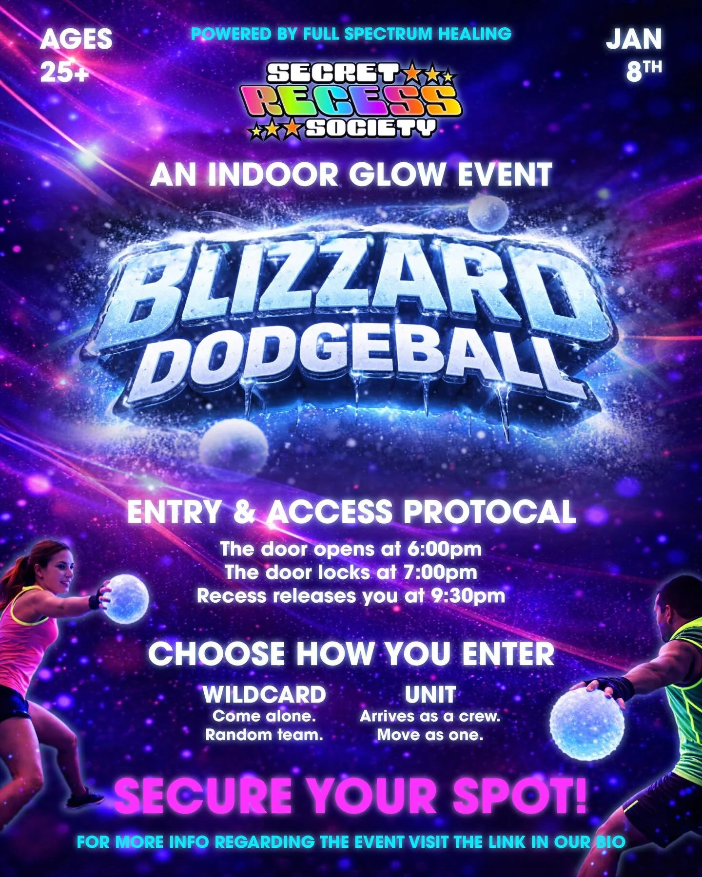 🧊⚡ Enter the Blizzard ⚡🧊
Glow-in-the-dark dodgeball, indoors
Neon energy. Recess rules.
.
🕕 Doors open at 6
🔒 Doors lock at 7 (no exceptions)
.
🎟️ Limited capacity
👉 Link in bio
.
#secretrecesssociety #fullspectrumhealing #dodgeball #blizzard #