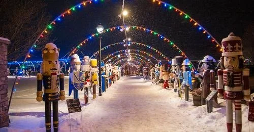Christmas display with illuminated nutcracker statues lining a snow-covered walkway under colorful string lights at night.