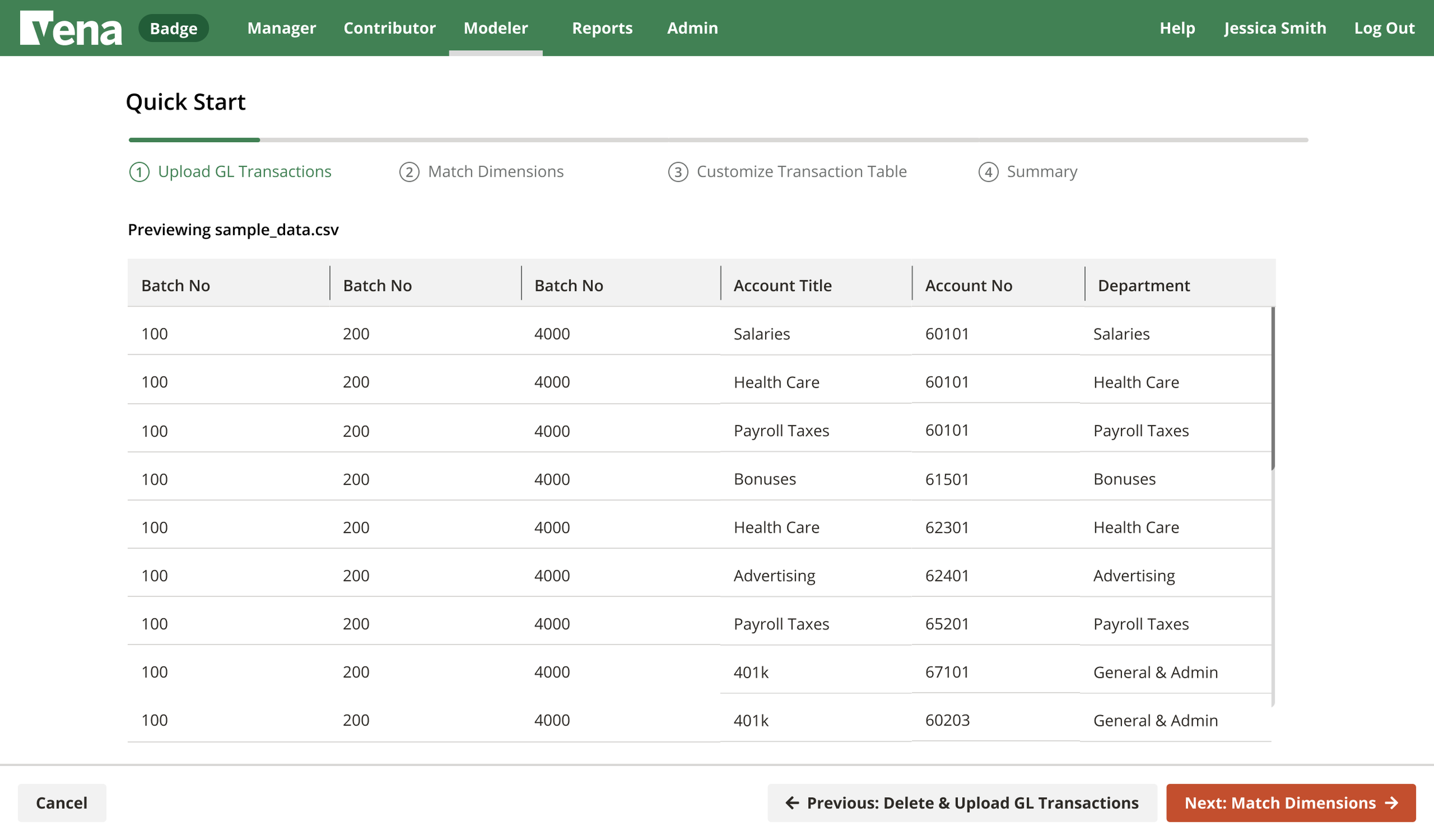 Screenshot of a software interface called Vena, showing the Quick Start section for uploading and matching CSV data with columns like Batch No, Account Title, Account No, and Department, with navigation options at the bottom.