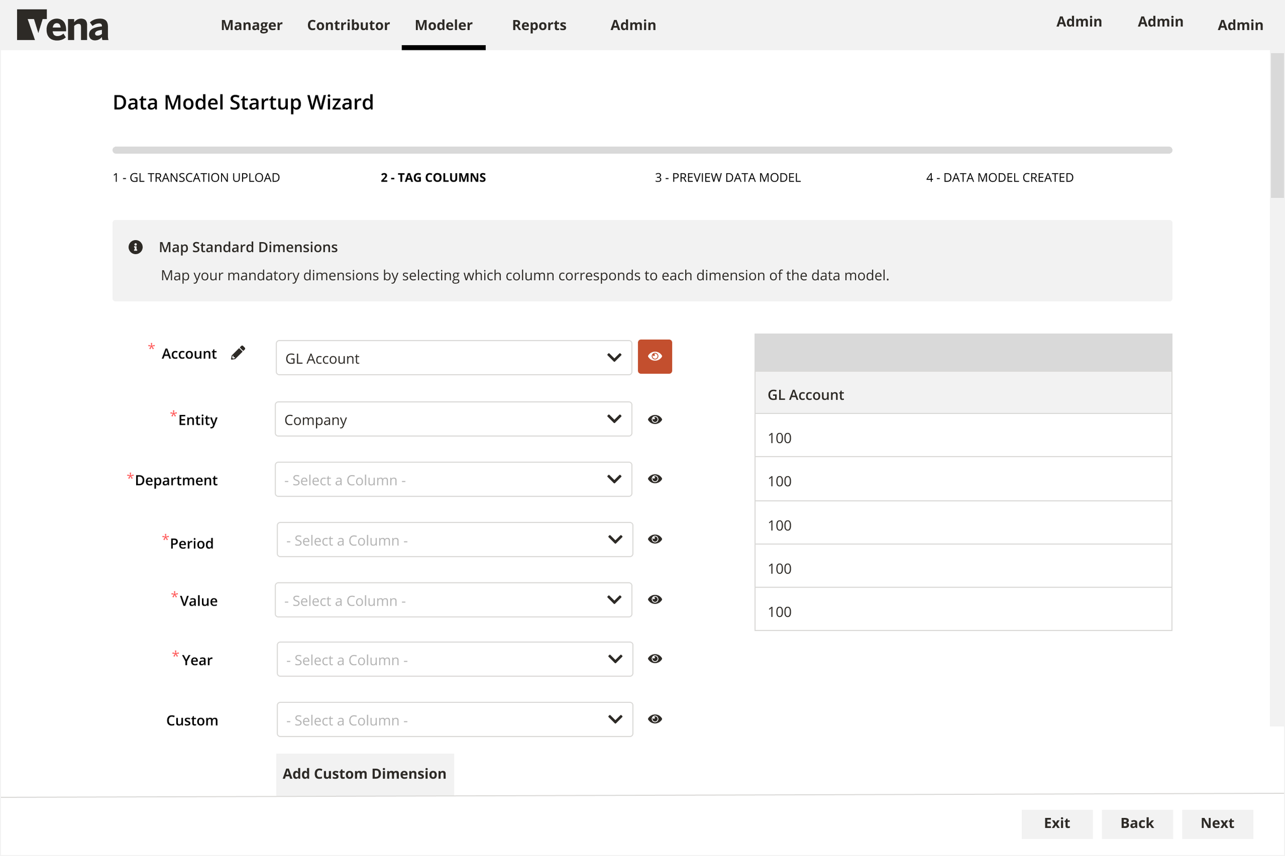 Screenshot of a data model startup wizard webpage titled 'Vena', showing navigation tabs for Manager, Contributor, Modeler, Reports, Admin, and Admin. The wizard is on step 2: 'Tag Columns' with options to map mandatory dimensions such as Account, En