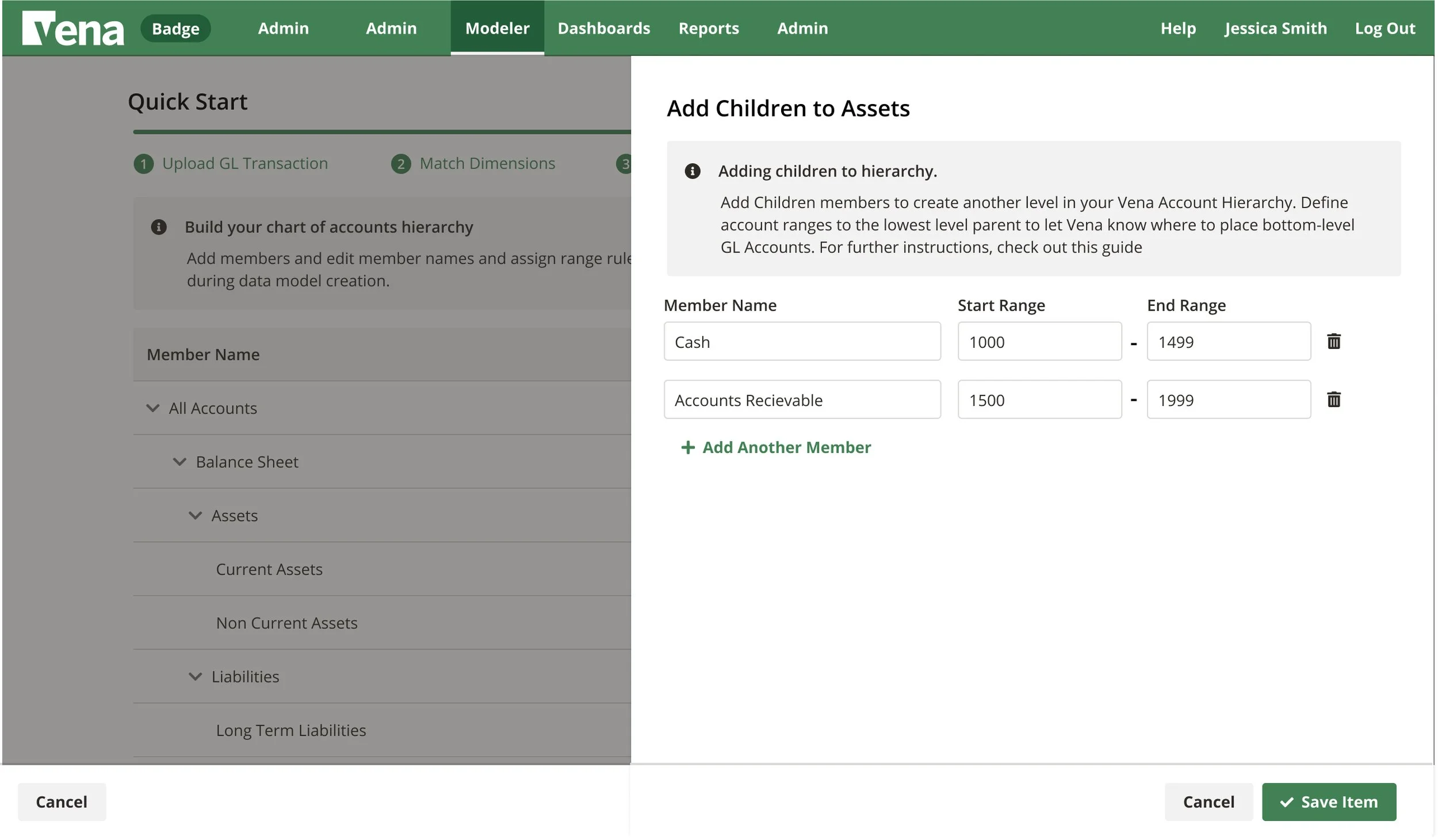 Screenshot of Vena software interface showing the 'Add Children to Assets' section, with member names 'Cash' and 'Accounts Receivable' and their respective start and end range fields, along with options to add more members and save or cancel.