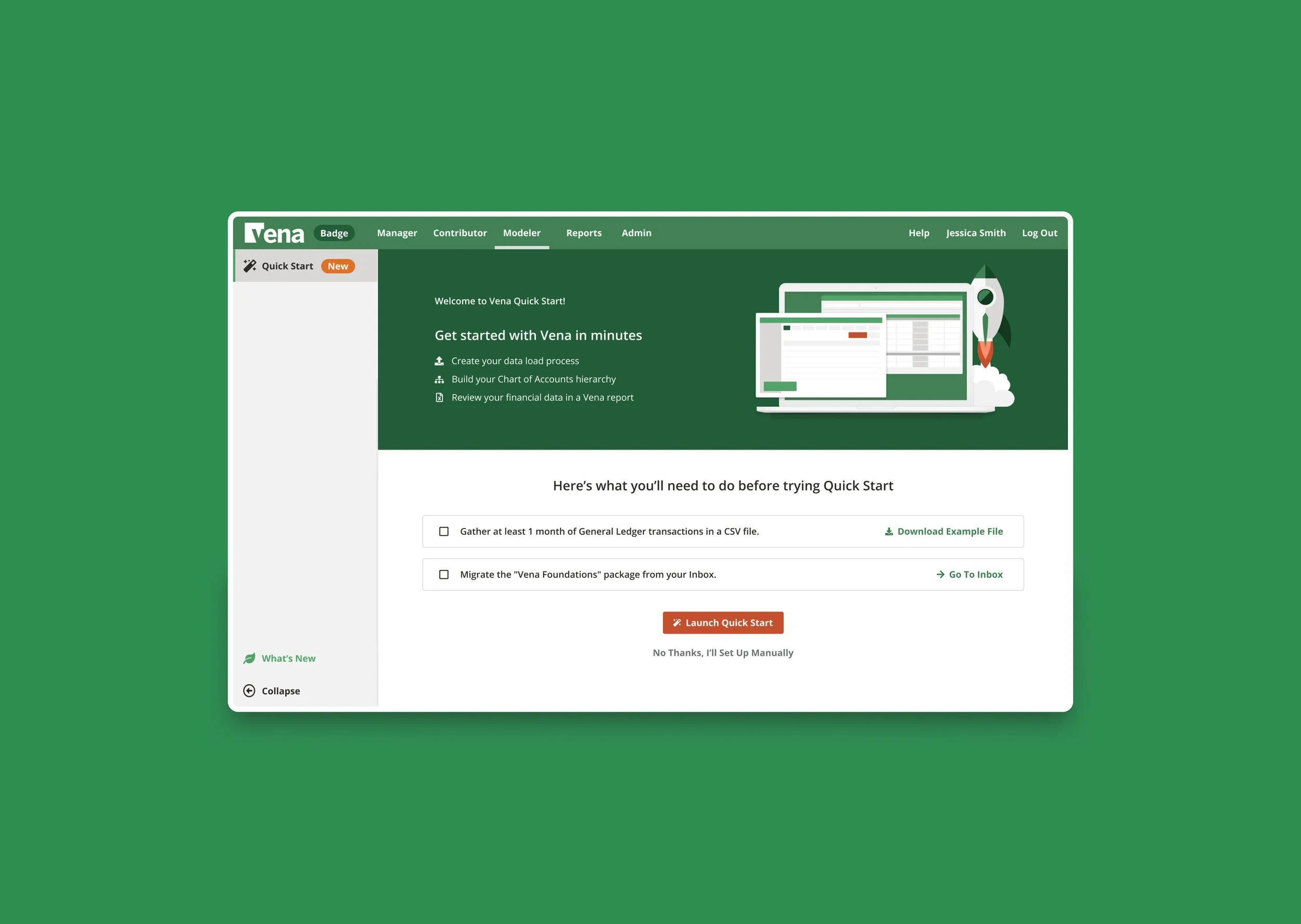 Screenshot of a software dashboard titled 'Vena', showing options for starting a quick data load, building an accounts hierarchy, and reviewing financial data in reports, with a rocket ship illustration on the right.