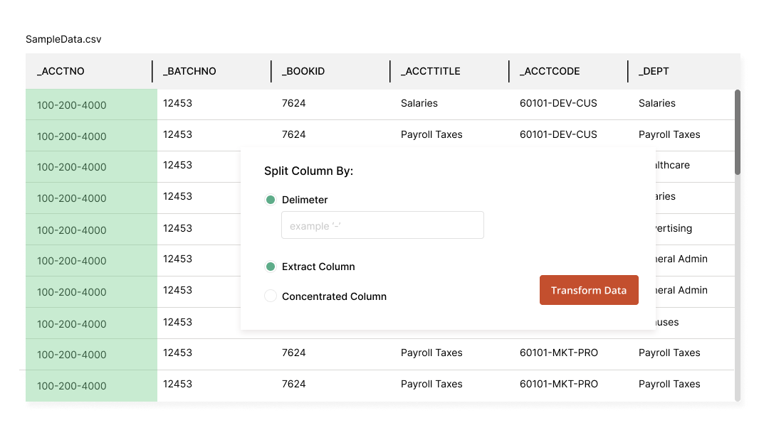 Screenshot of a spreadsheet with payroll data, highlighting a popup window for splitting columns by delimiter, extract, or concentrated column, with a 'Transform Data' button.