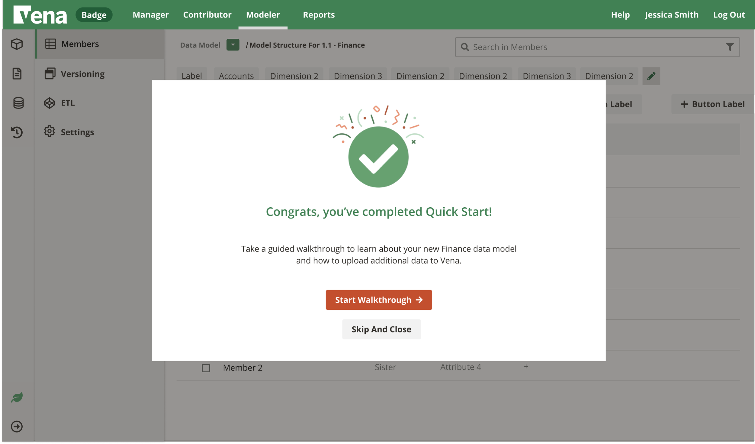 Congratulations message in a pop-up window on a computer screen, with a green check mark icon and options to start a walkthrough or close the message, related to completing a Quick Start tutorial in Vena software.