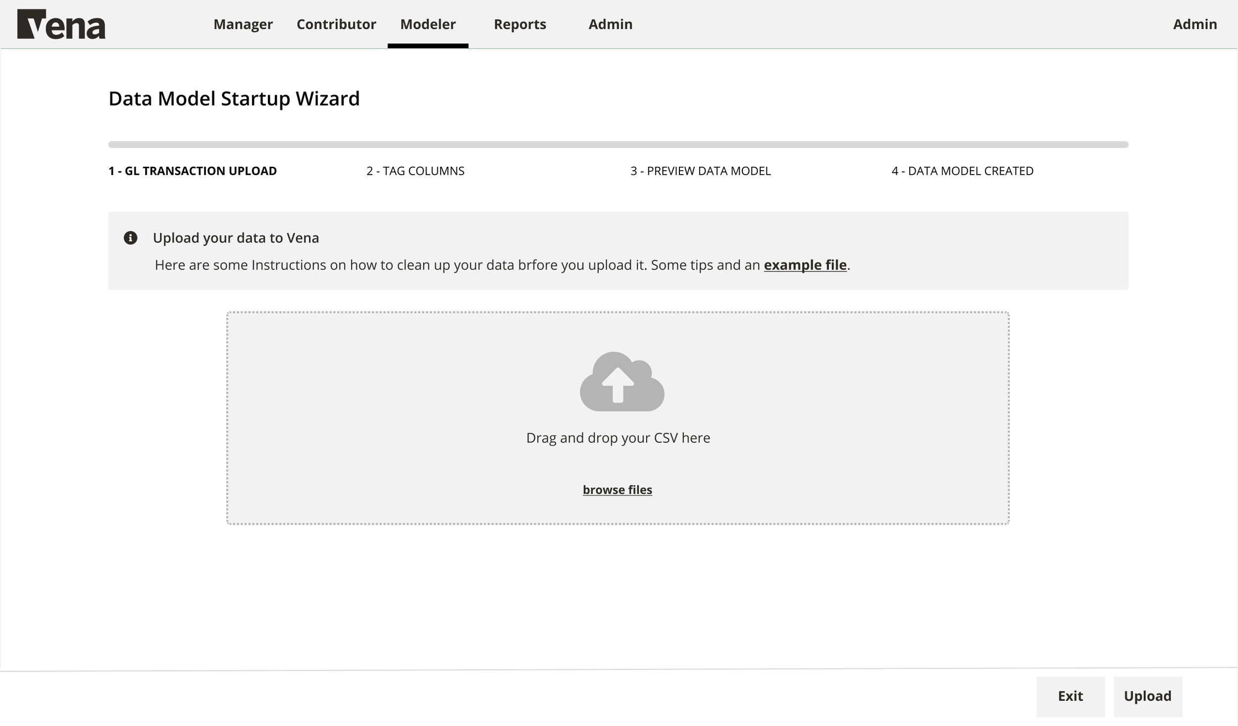 Screenshot of a web interface titled 'Vena Data Model Startup Wizard' with steps for uploading a CSV file, including drag and drop area and browse option, along with navigation buttons 'Exit' and 'Upload' at the bottom.