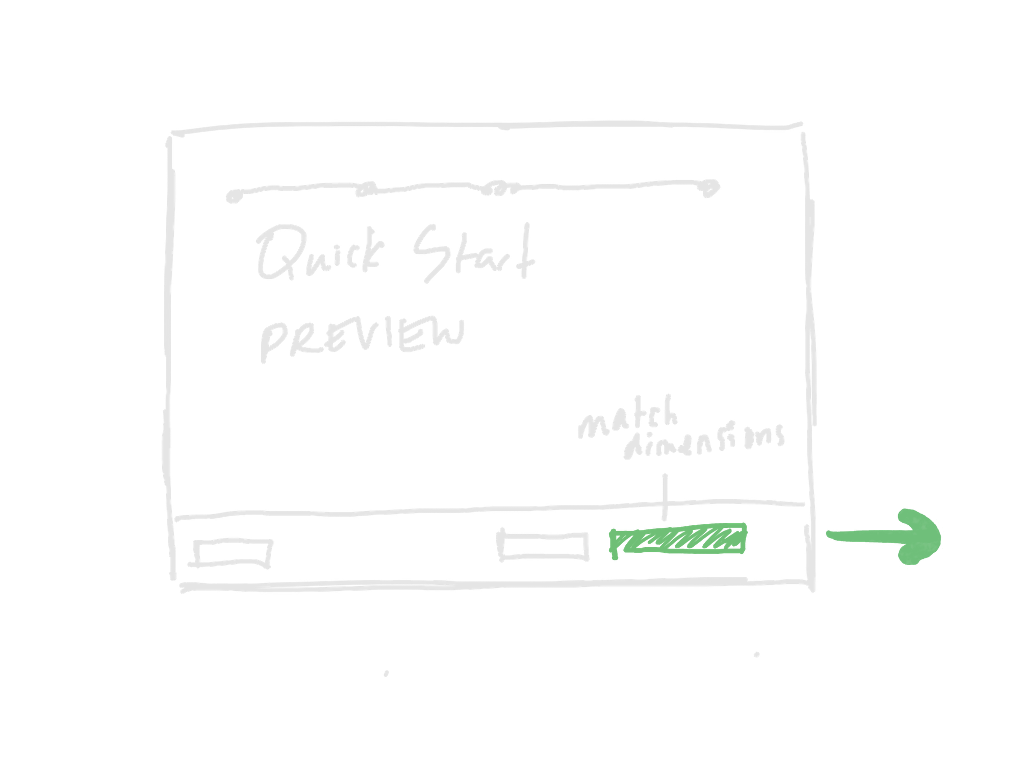 Hand-drawn sketch of a software interface with a dark background, featuring a window titled 'Quick Start Preview.' The bottom of the window shows three buttons, with the middle one highlighted in green labeled 'match dimensions,' and an arrow pointing to it on the right side.