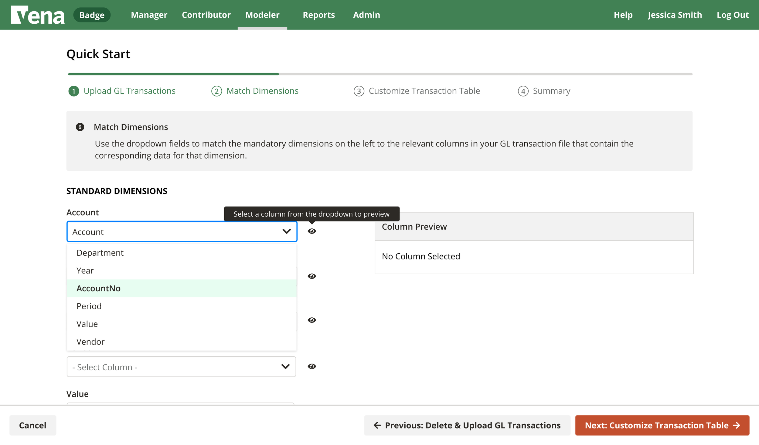 Screenshot of a web interface named Vena showing the 'Match Dimensions' step in uploading GL transactions, with dropdowns for selecting dimensions like Account, Department, Year, AccountNo, Period, Value, and Vendor.