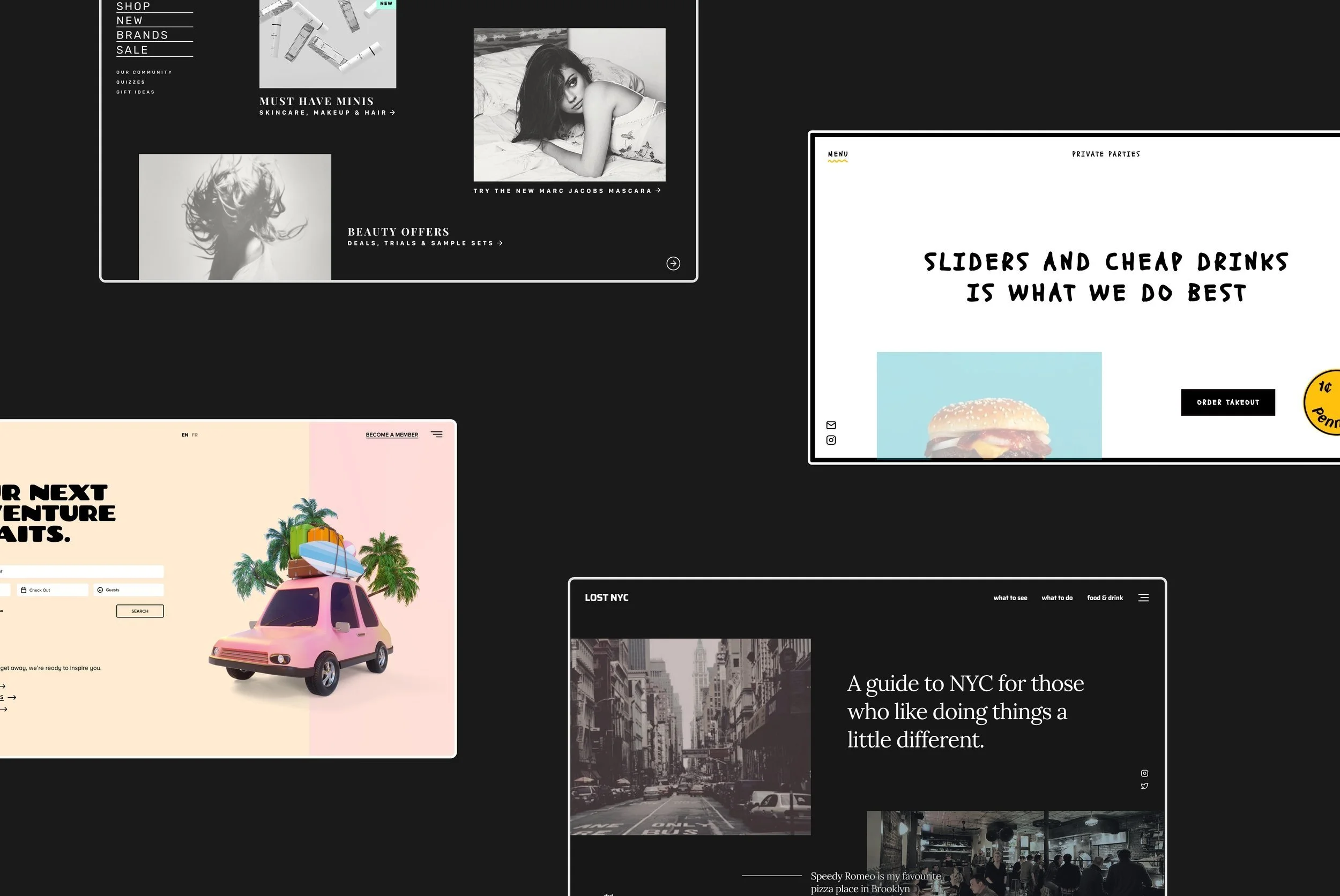 A collage of four website screenshots on a black background, featuring fashion, food, travel, and city guide sites.