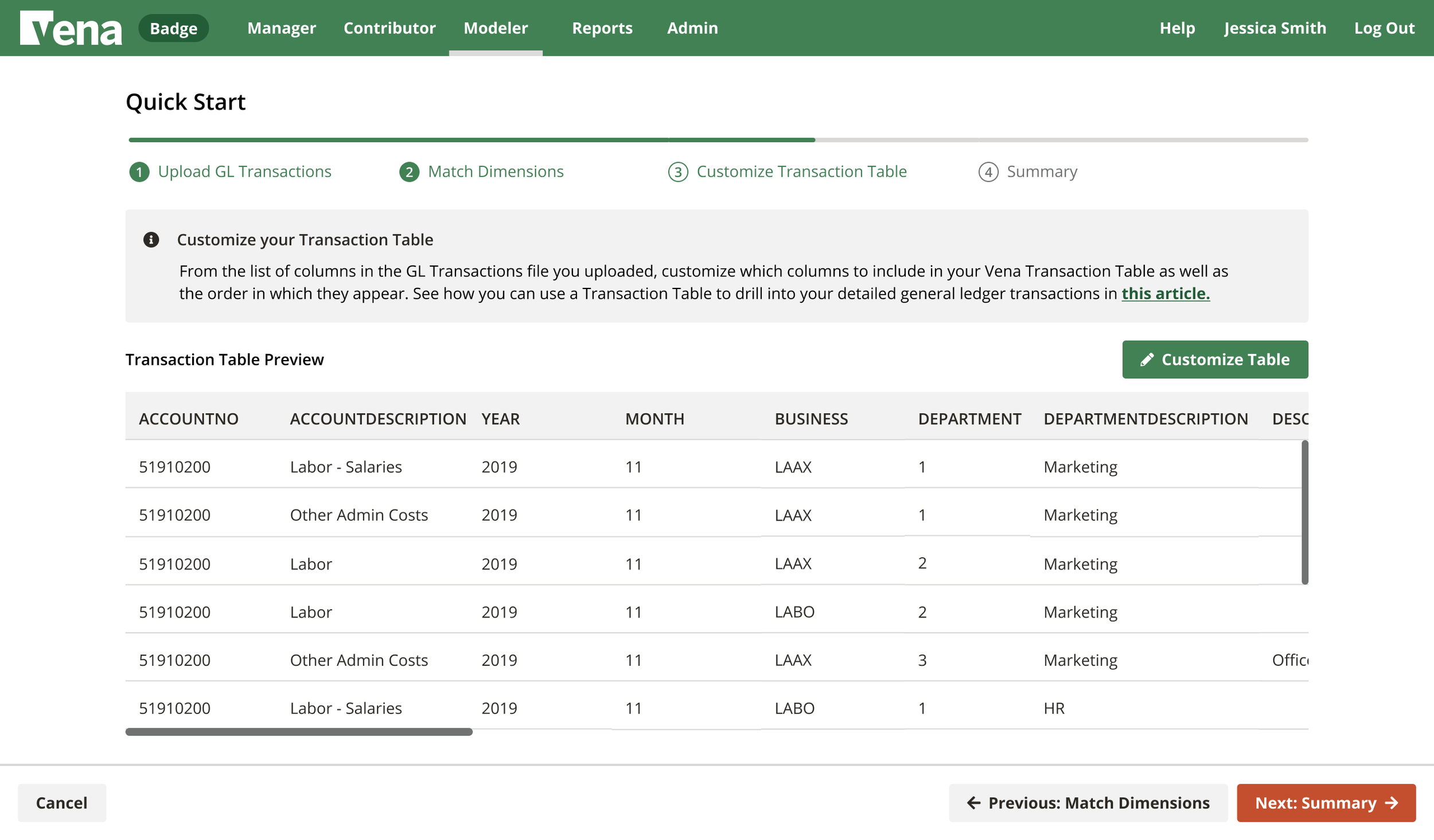 Screenshot of a web interface for Vena, showing a transaction table preview with account numbers, descriptions, year, month, business, department, and other details. The interface includes options to customize the table and buttons for canceling or p