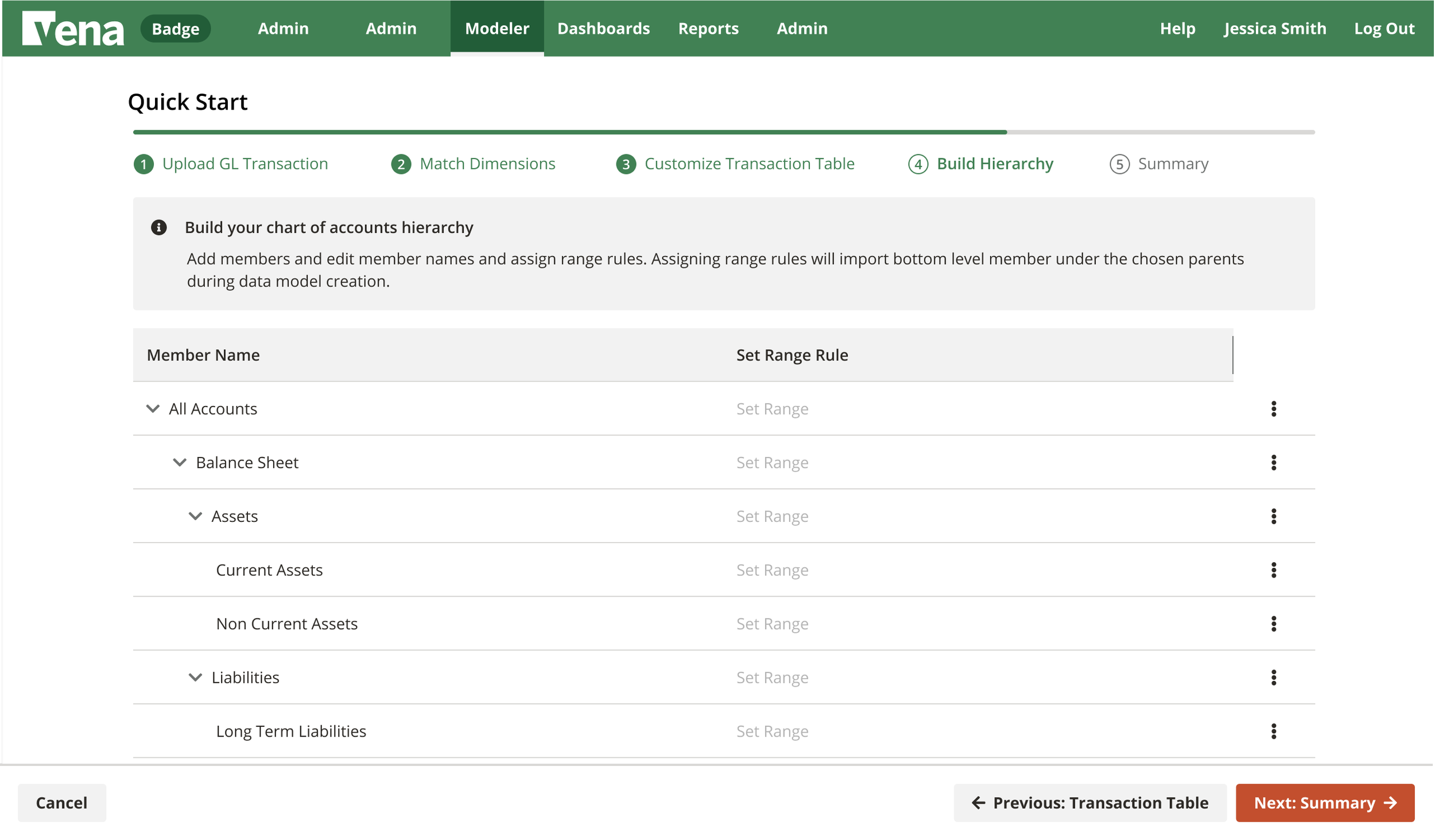 Screenshot of a financial software interface titled 'Build Hierarchy' with steps for uploading transactions, matching dimensions, customizing transaction tables, and building hierarchy. It includes a section for creating a chart of account hierarchy 