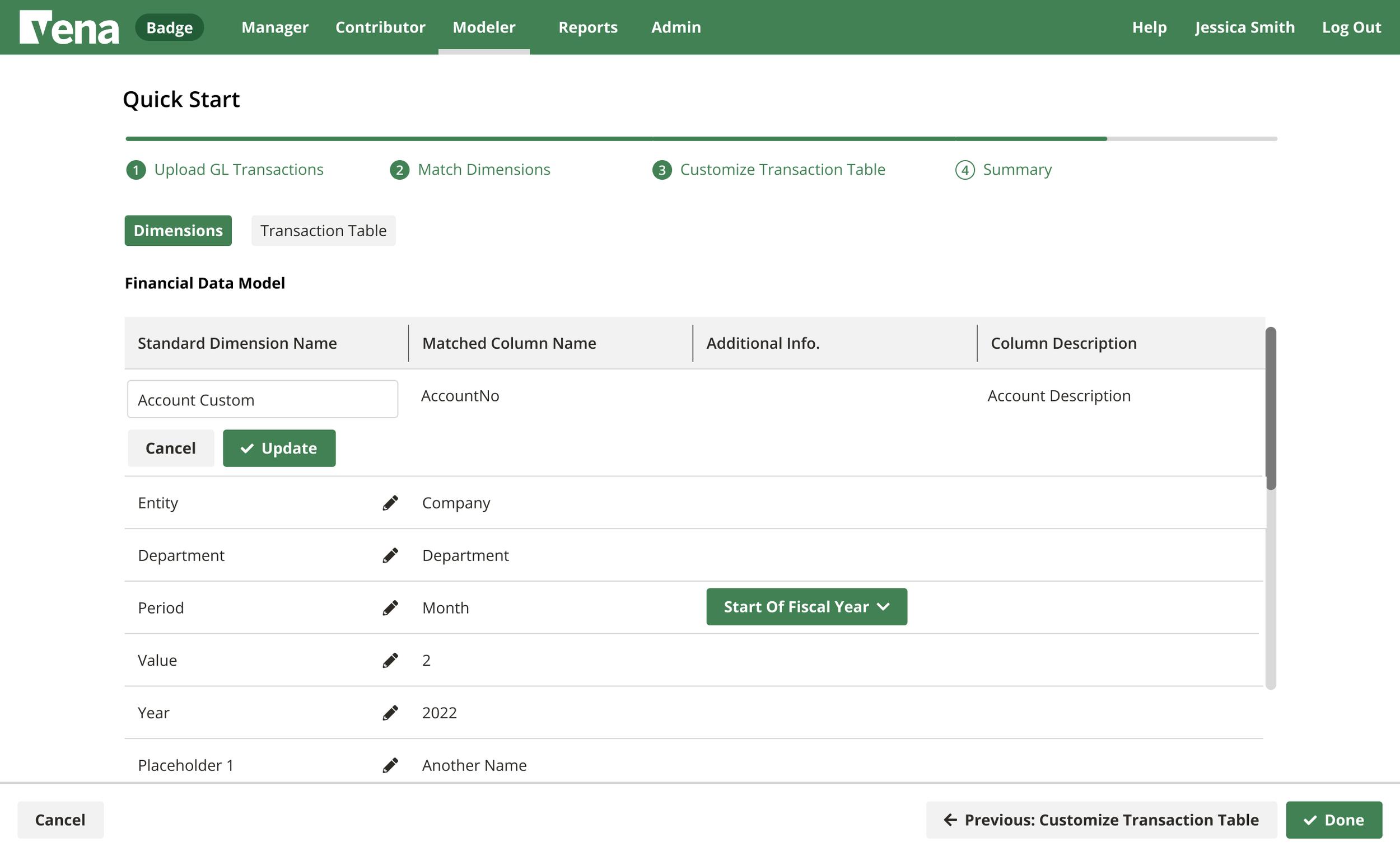 Screenshot of a software interface titled 'Vena' showing a 'Quick Start' guide with steps for uploading and matching financial data, and a table of financial data model dimensions including account number, entity, department, period, value, year, and