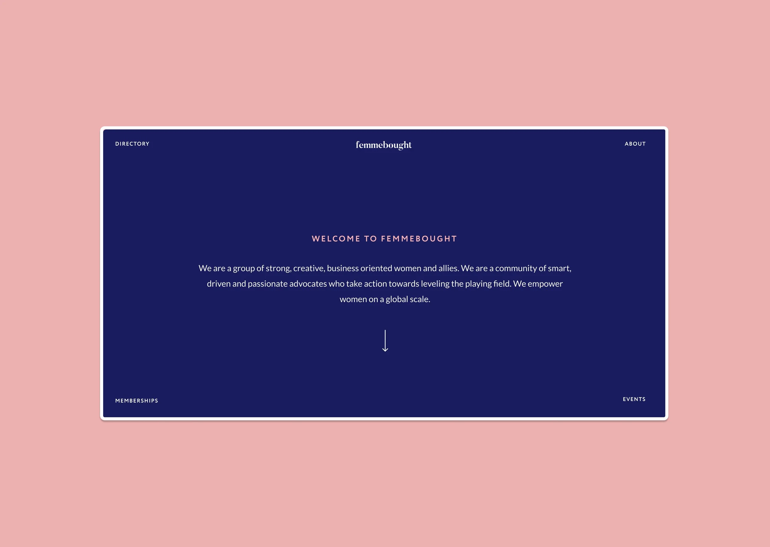 Website homepage with dark blue background and pink accents, featuring navigation links for Directory, About, Memberships, and Events, along with a welcome message.