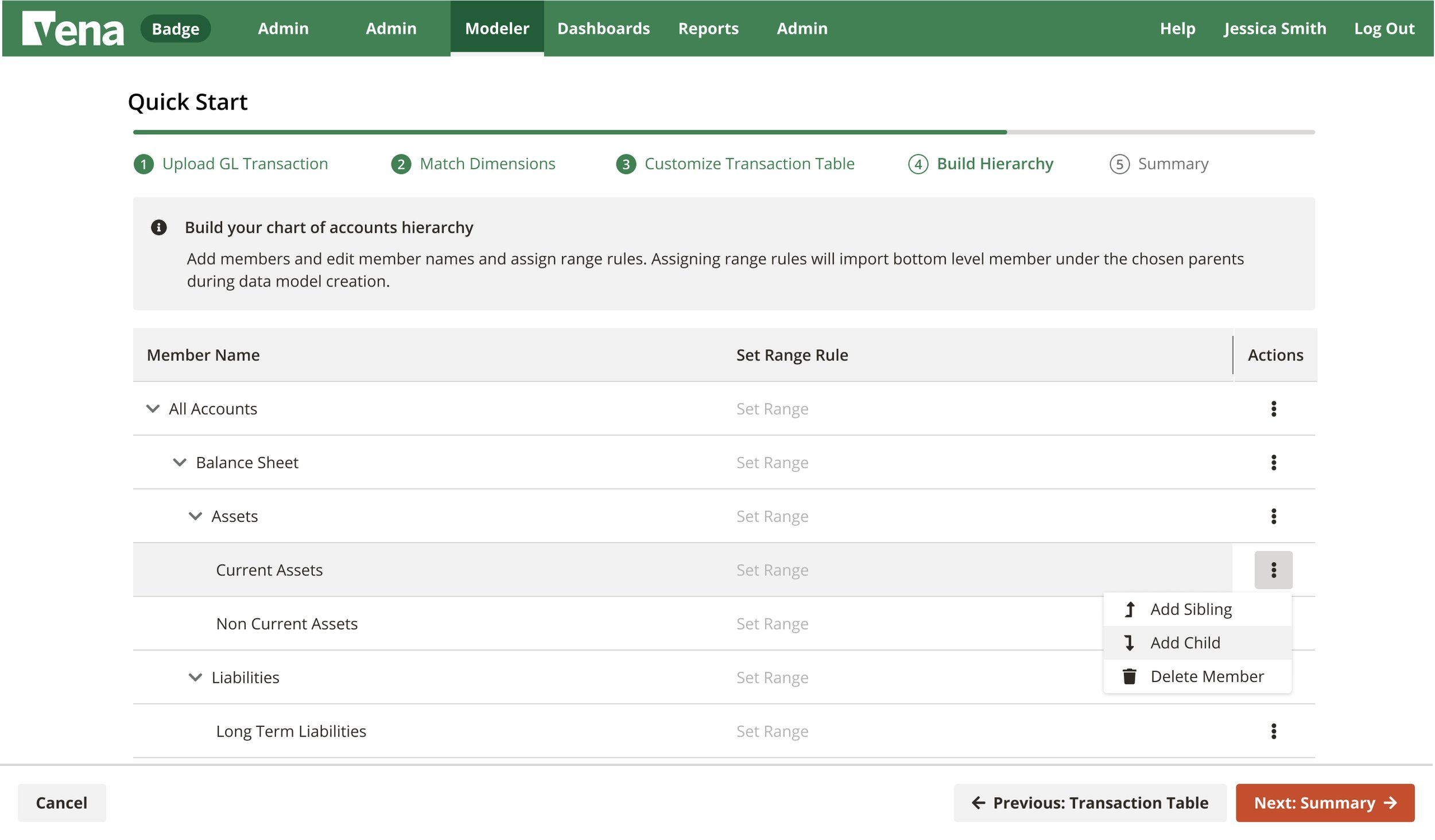 Screenshot of the Vena software interface, showing steps in building a chart of accounts hierarchy, including options to add siblings or children in a list of account categories, with navigation buttons and user options visible.