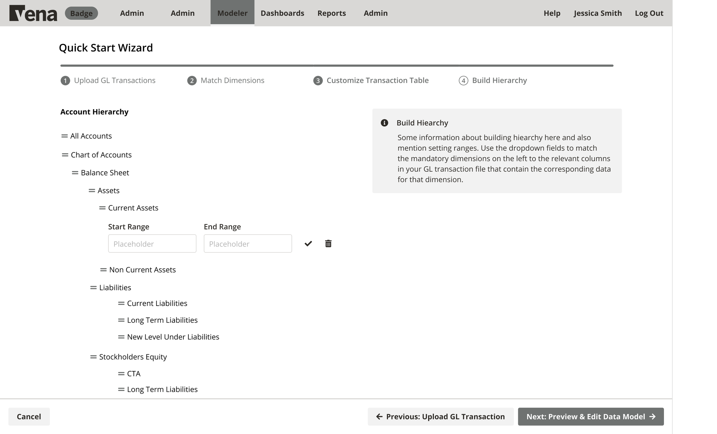 Screenshot of a web interface titled 'Vena' showing a 'Quick Start Wizard' for account hierarchy setup, with steps for uploading transactions, matching dimensions, customizing tables, and building hierarchy. The hierarchy includes account categories 
