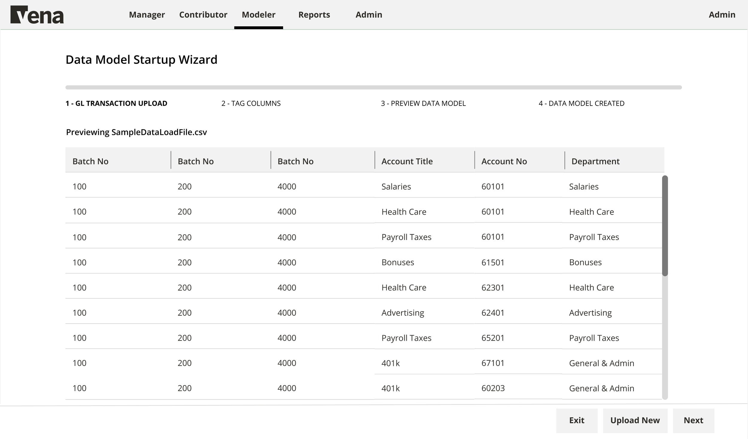 Screenshot of a data model startup wizard interface with tabs labeled Manager, Contributor, Modeler, Reports, Admin. The page is titled 'Data Model Startup Wizard' and shows a CSV file preview with columns for Batch No, Account Title, Account No, and