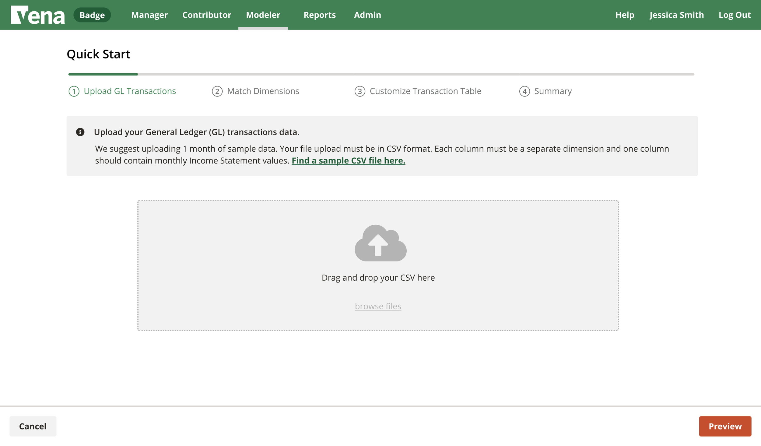 Screenshot of a web interface for uploading CSV files, titled 'Vena' with menu options at the top for Badge, Manager, Contributor, Modeler, Reports, Admin, and user account info, with a 'Quick Start' section guiding through uploading GL transactions,