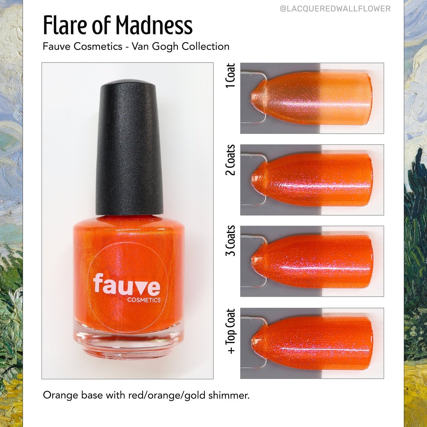 FLARE OF MADNESS
The Van Gogh Collection
Orange base with red/orange/gold shimmer.
Available now for pre-order.
Swatched by @lacqueredwallflower, @eviltwinnails, @tonyaispolished, @mreads.nails
Paid PR
#fauvecosmetics #vangogh #vangoghinspired #