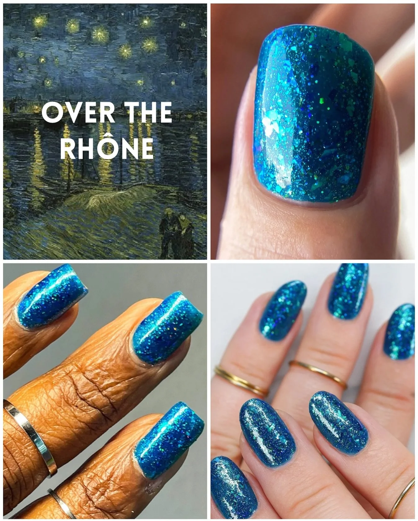 OVER THE RHÔNE
Van Gogh Collection 2.0
Available now for pre-order
Teal leaning blue jelly base with various color shifting flakies, blue & green metallic shreds, & dainty holo.
Swatched by @eviltwinnails @tonyaispolished @lacqueredw