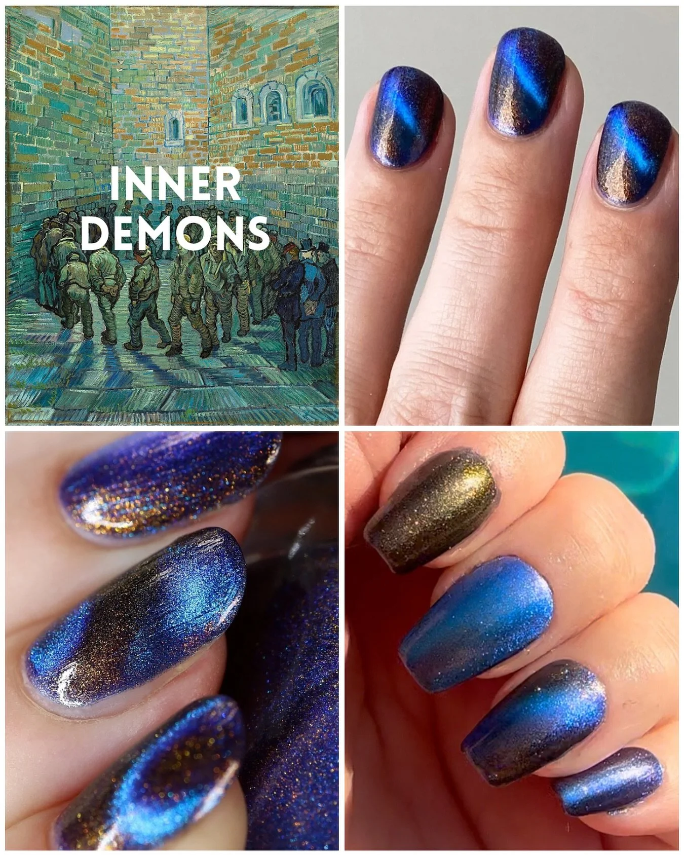 INNER DEMONS (magnetic)
Van Gogh Collection 2.0
Available now for pre-order
Indigo base with cobalt/violet magnetic & gold/copper aurora shimmer.
Swatched by @eviltwinnails @lacqueredwallflower
Paid PR
#fauvecosmetics #nailpolish #indienailp