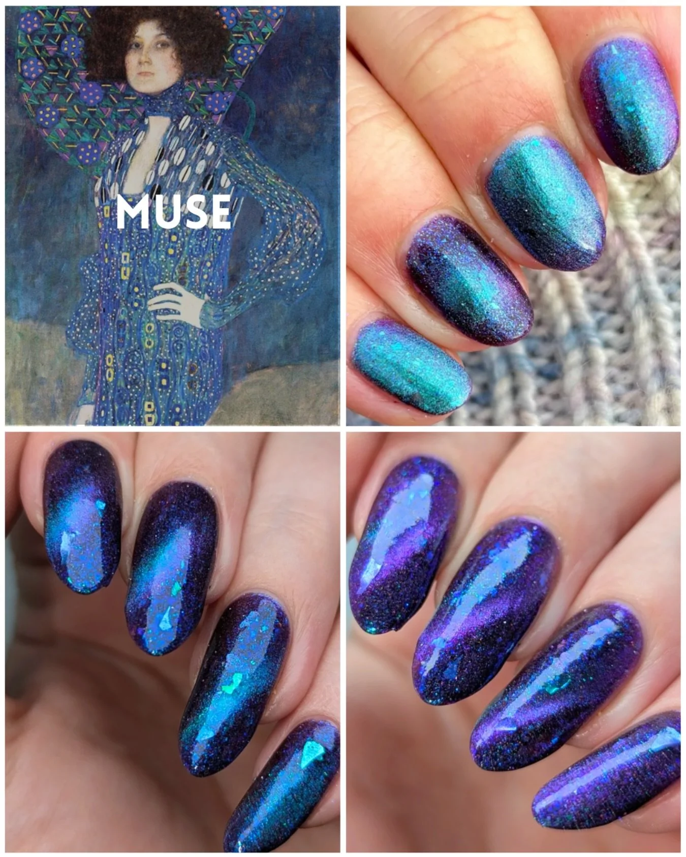 MUSE (Magnetic)
THE KLIMT COLLECTION
Purple jelly base with green/blue/purple/red ultra multichrome magnetic, vibrant blue micro flakes, various color shifting flakies, various color reflective glitter, dainty holo.
Stunning swatches by @nailbastio