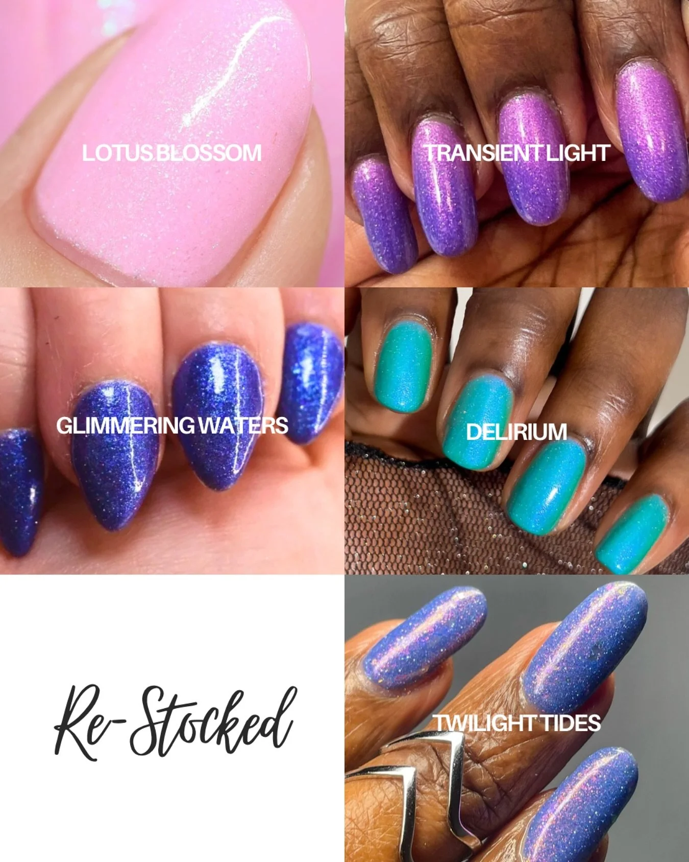 NOW AVAILABLE
- Lotus Blossom (glow-in-the-dark)
- Transient Light (thermal + glow-in-the-dark)
- Glimmering Waters (glow-in-the-dark)
- Delirium (glow-in-the-dark)
- Twilight Tides
Swatched by @tonyaispolished @lacqueredwallflower @isionails
Pa