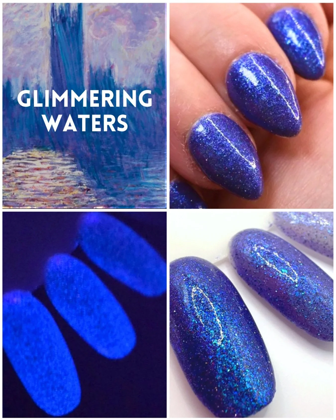GLIMMERING WATERS (Glow-in-the-Dark)
Impressionism 2.0 Collection
Violet/blue base, glow-in-the-dark blue, blue/violet aurora shimmer, pink/aqua sparkles, pink/aqua reflective glitter, & violet/blue/aqua iridescent flakies.
Sibling shade of En
