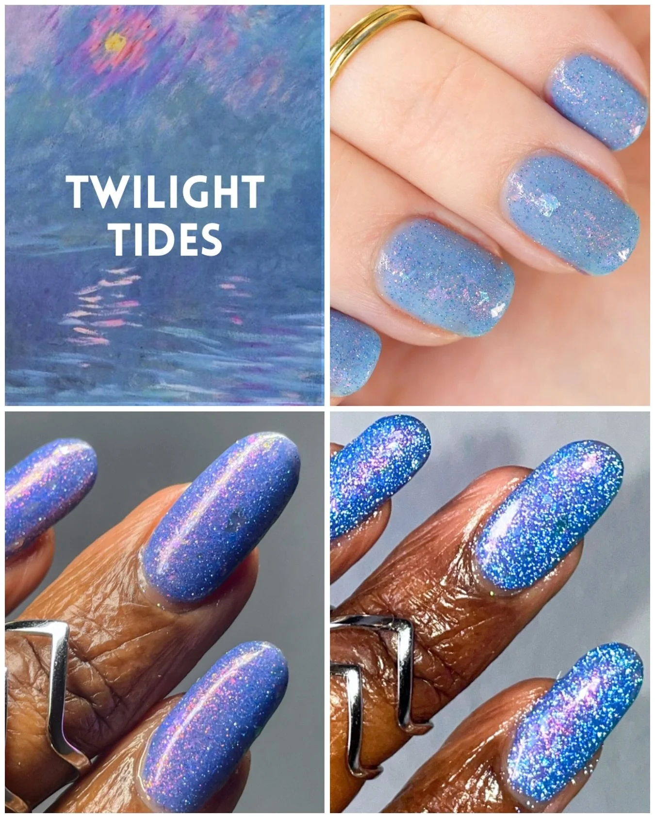 TWILIGHT TIDES
The Impressionism Collection
Light ultramarine with pink/red/orange aurora shimmer, blue/pink reflective glitter, and aqua/blue/violet/pink iridescent flakies.
Available now for pre-order
Swatched by @lacqueredwallflower @tonyaispo