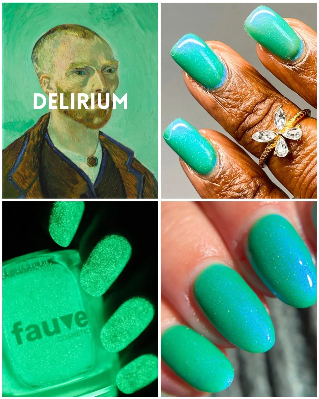 DELIRIUM (glow-in-the-dark)
The Van Gogh Collection
Jungle green with a blue/violet aurora shimmer and dainty holo, that glows green
Available now for pre-order.
Swatched by @tonyaispolished @lacqueredwallflower @mreads.nails
Paid PR
#fauvecosm