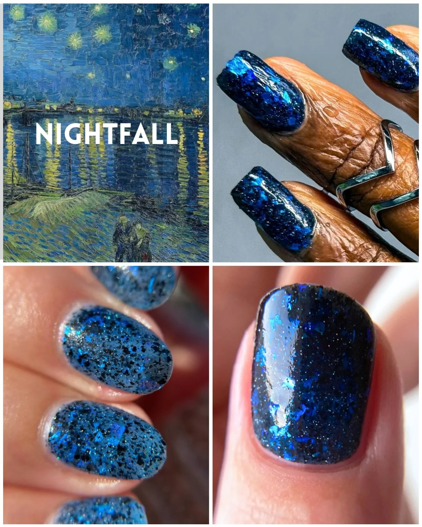NIGHTFALL (thermal)
Van Gogh Collection 2.0
Available now for pre-order
Black (cold) to semi-sheer blue (warm) thermal with aqua/blue/violet flakies, black micro flakes, blue reflective glitter, & dainty holo.
Swatched by @tonyaispolished @mr