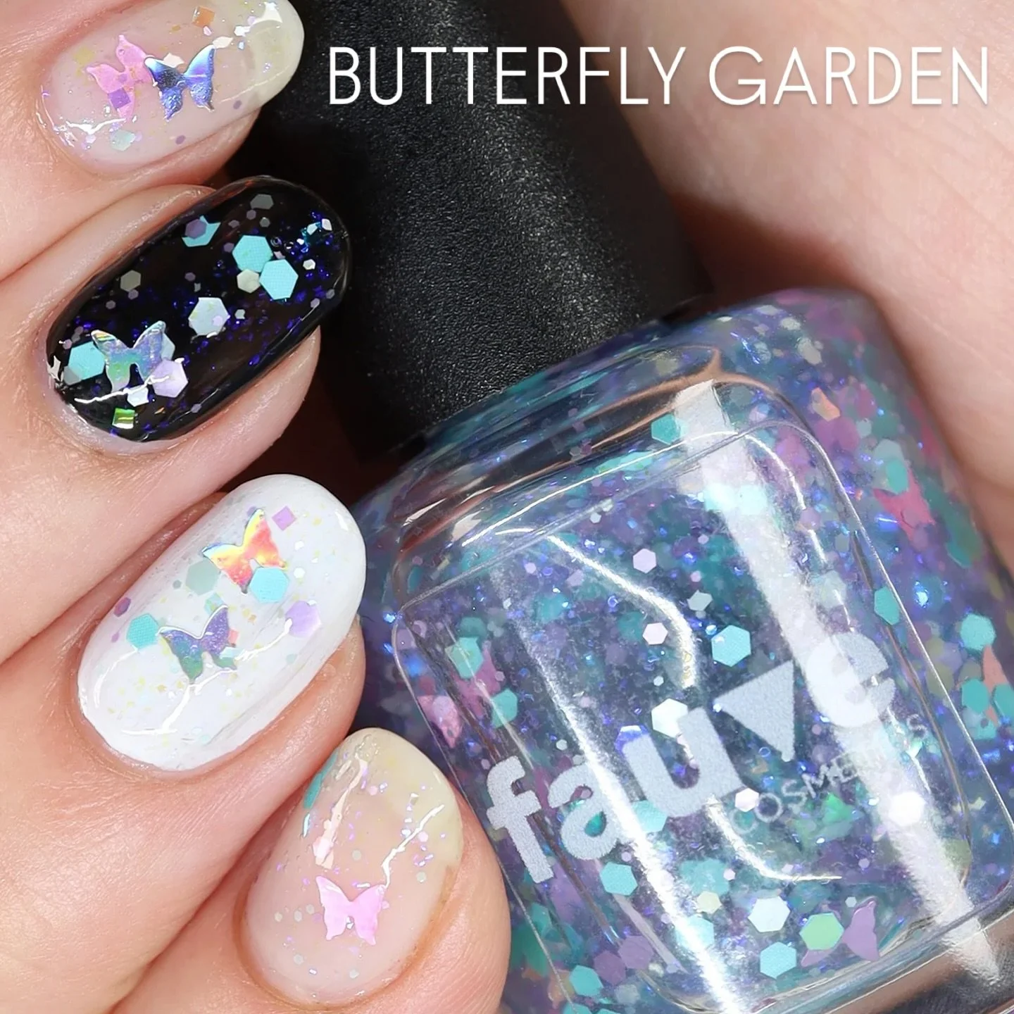 Back for pre-order
BUTTERFLY GARDEN (topper)
Clear base with pink, pastel purple, mint & silver holo butterfly glitter, blue/violet iridescent micro shreds, with mint/aqua/lavender/iridescent multi size hex glitter in a glitter suspension base.