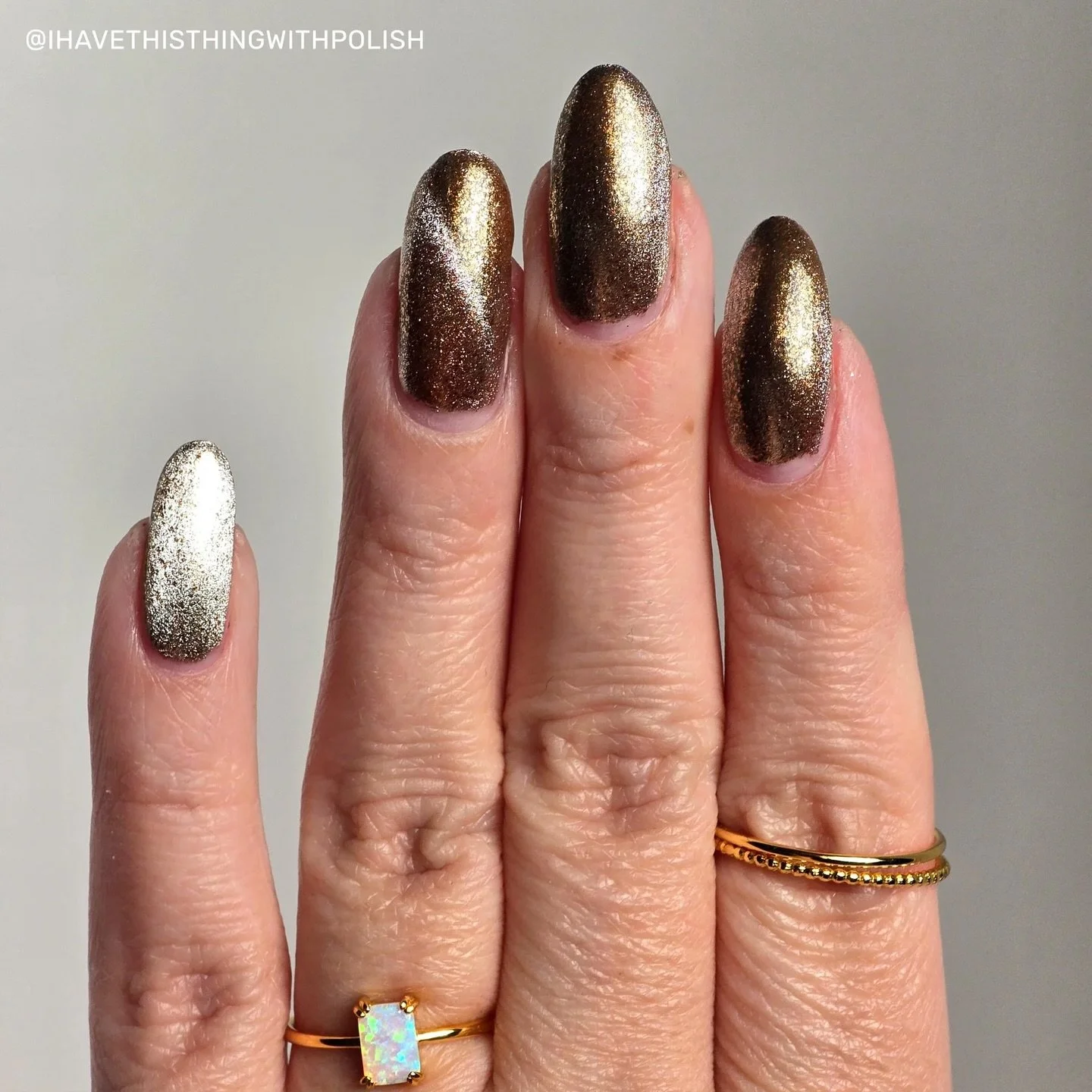 Coming 11/28 for Black Friday

FROSTED GINGERBREAD (Magnetic)

A silver magnetic with bronze metallic micro flakes, and a smidge of micro holo. Appears champagne colored when not magnetized. 

Available only as a mini size (7ml) and will be eligible 