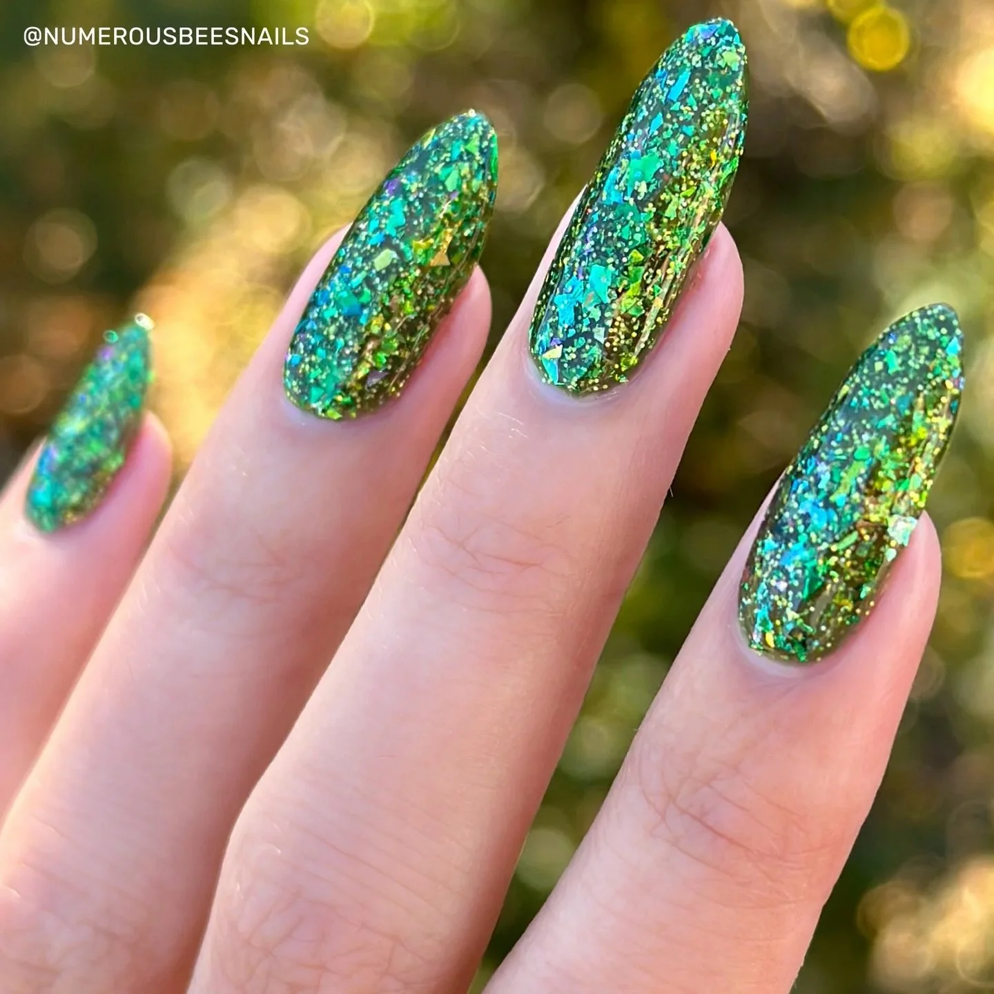 EVERGREEN FOREST

Forest green base with gold/green/blue/violet multi chrome flakes, emerald and chartreuse metallic flakes, various size silver, gold, and green holo. 

Swatched by @numerousbeesnails 
Paid PR

#fauvecosmetics #nailpolish #indienailp
