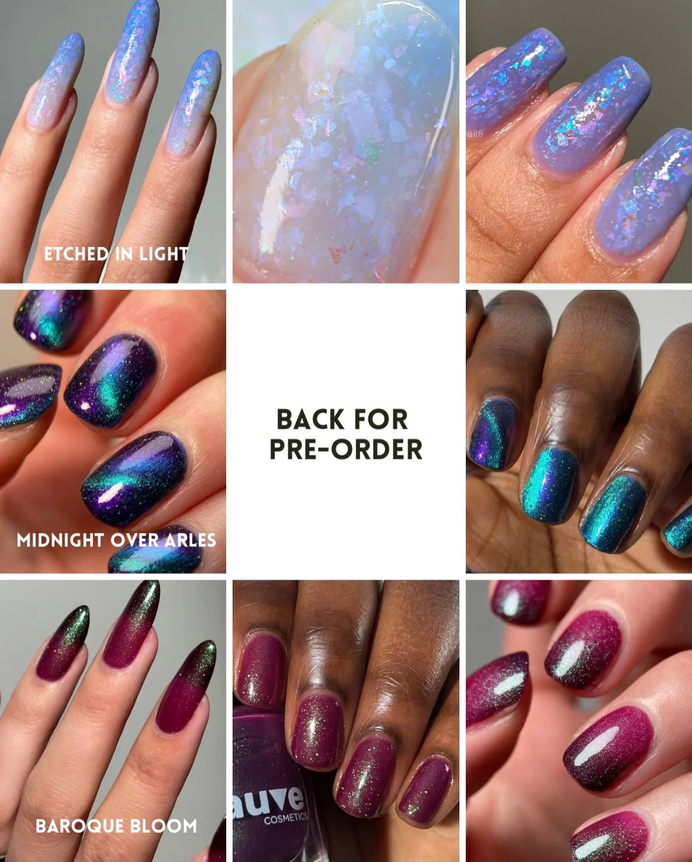 Back for pre-order

- ETCHED IN LIGHT (solar)
- MIDNIGHT OVER ARLES (magnetic)
- BAROQUE BLOOM (thermal)

Swatches by @numerousbeesnails @lacqueredwallflower @i.havenails @isionails @katie_scheid_art 
Paid PR

#fauvecosmetics #indienailpolish #nailpo
