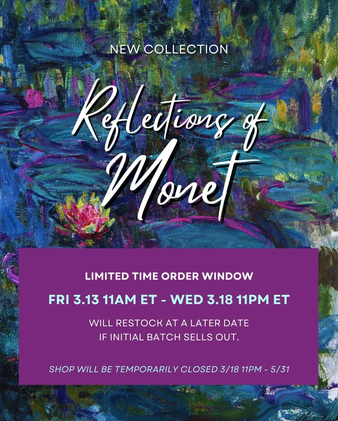 Launch details

LIMITED TIME ORDER WINDOW
FRI 3.13 11AM ET - WED 3.18 11PM ET

Will restock at a later date if initial batch sells out.

Additional shop details:
SHOP WILL BE TEMPORARILY CLOSED 3/18 11PM - 5/31
I&rsquo;ll be taking a short hiatus to 