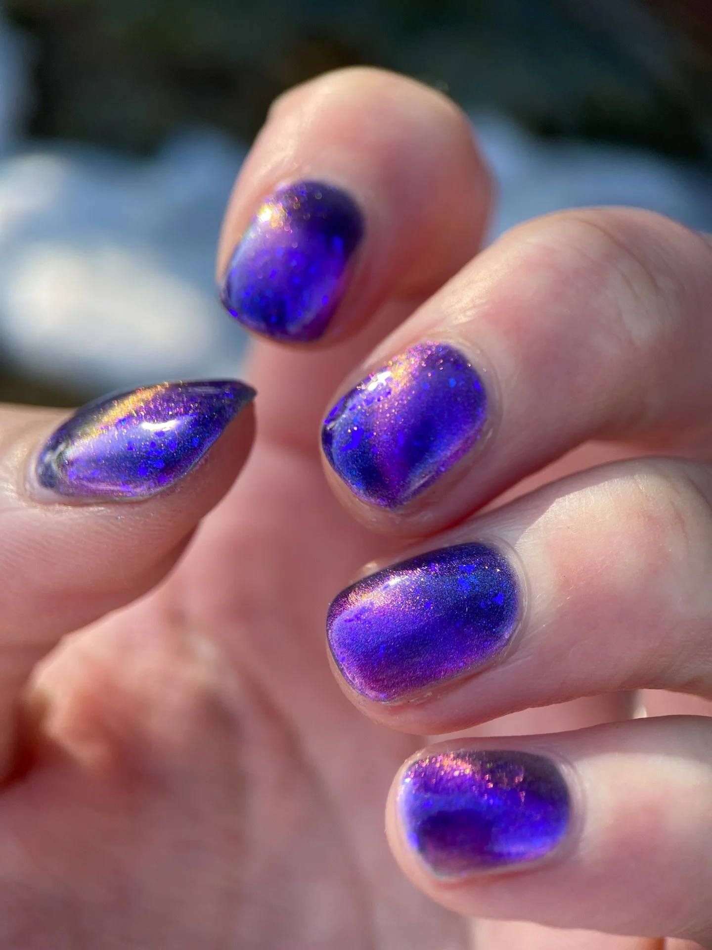 SUNSET REFLECTIONS (magnetic)

Ultramarine base, violet/red/orange/green magnetic, violet/blue aurora, violet blue iridescent flakes, pink/violet aurora

Swatched by @katie_scheid_art 
Paid PR

#fauvecosmetics #nailpolish #magneticnails #purplenails 