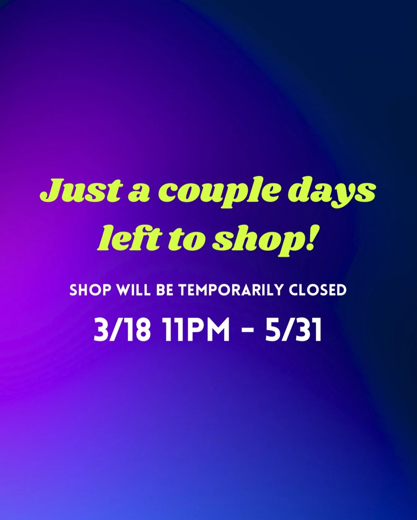 SHOP WILL BE TEMPORARILY CLOSED 3/18 11PM - 5/31
I&rsquo;ll be taking a short hiatus to address some health issues but will be back in late spring with lots of restocks, a new collection, and some new exciting offerings.

Fulfillment turnaround:
Orde