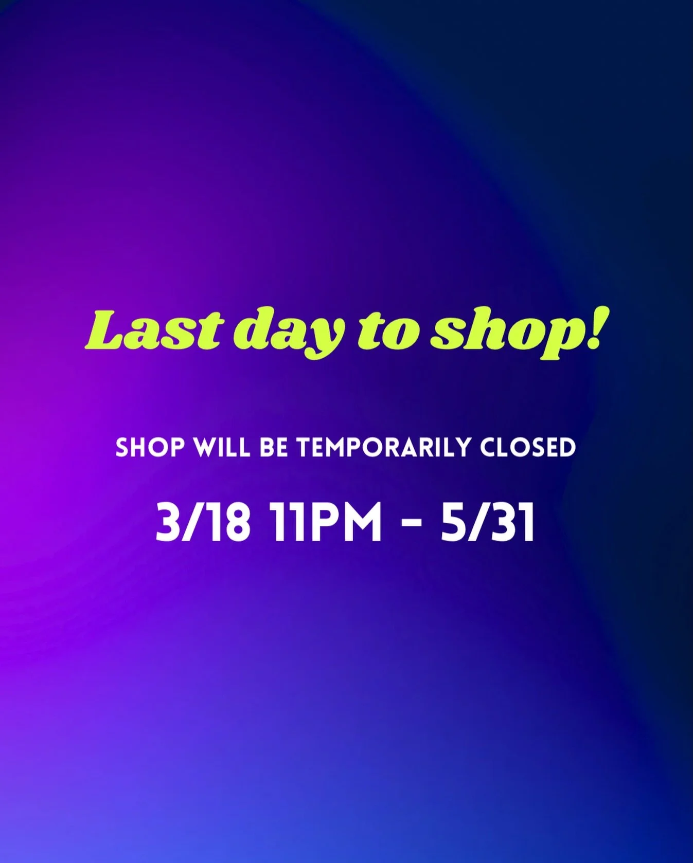 SHOP WILL BE TEMPORARILY CLOSED 3/18 11PM - 5/31
I&rsquo;ll be taking a short hiatus to address some health issues but will be back in late spring with lots of restocks, a new collection, and some new exciting offerings.

Fulfillment turnaround:
Orde