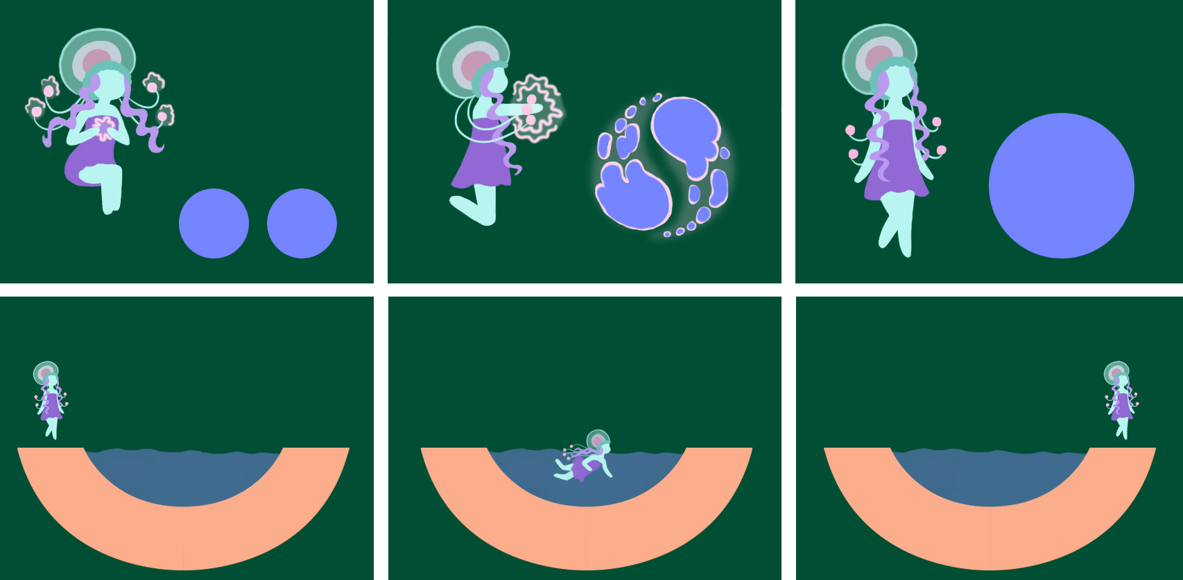  Kula is the psychic character who’s design was inspired by jellyfish and oracles. Her unique abilities are swimming in the water (Mai cannot) and fusing two small identical objects into a large single version.