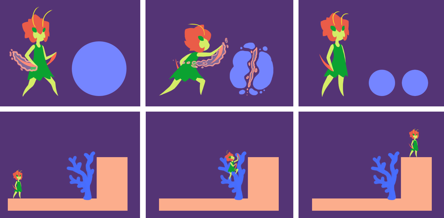 Mai is the physical character who’s design was inspired by preying mantises and warriors. Her unique abilities are climbing up branches (Kula cannot) and cutting a single large object into two smaller versions.