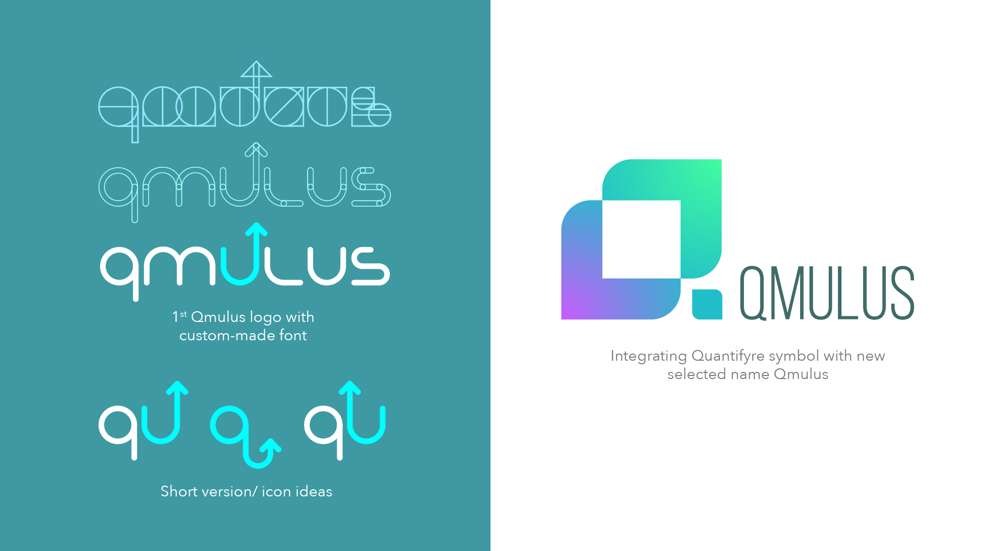 After 1st Feedback: I introduced the name "Qmulus," riffing on "cumulus" to reference the new cloud services. The unique "U" emphasizes customer focus with an upward arrow symbolizing success. SBLR preferred the earlier Quantifyre symbol and liked th
