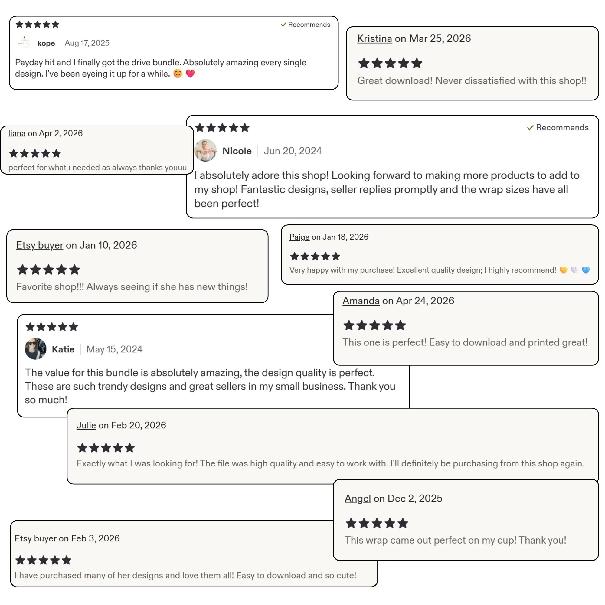 A collage of five testimonials or reviews from customers about digital designs and wraps, including star ratings and comments praising the products and service.