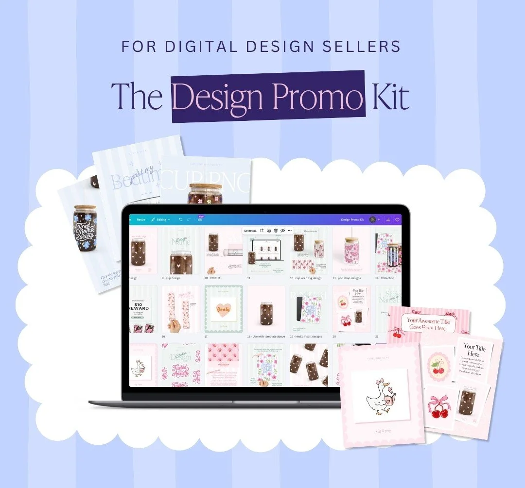 Packaging and digital images of a craft or design kit called 'The Design Promo Kit' for digital design sellers, featuring printable templates, product mockups, and decorative elements.