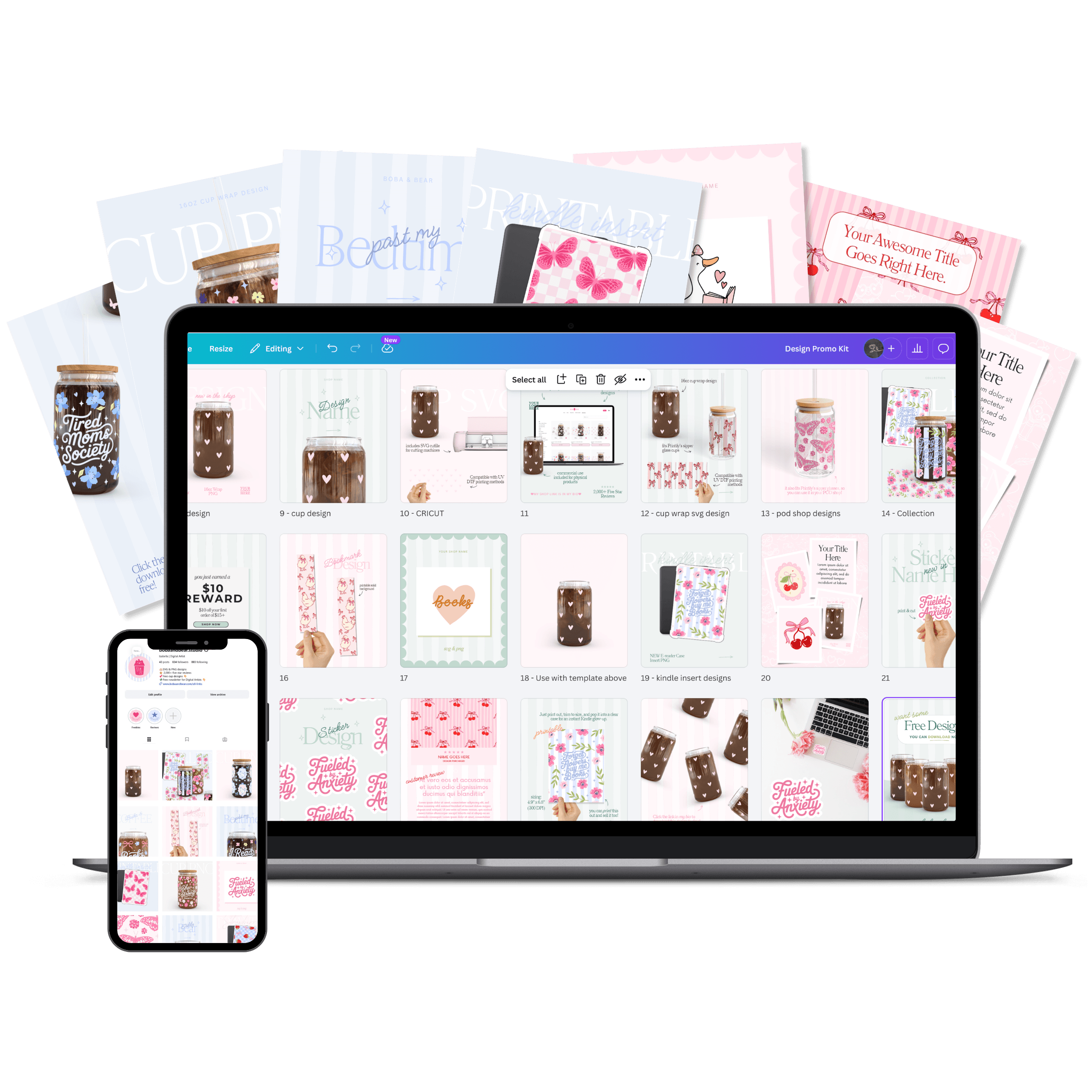 Multiple digital screens and mobile devices displaying design templates with pink, white, and brown color themes, featuring jars, butterflies, and text designs for craft projects.