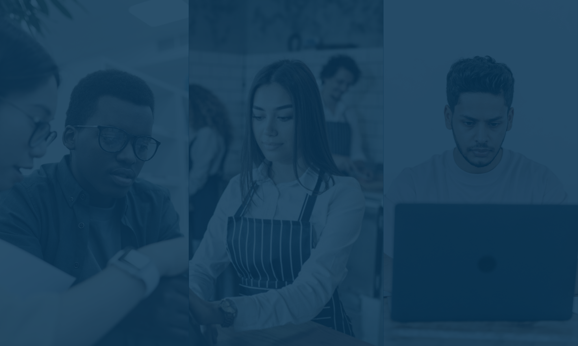 Three people engaged in different work activities: collaborating, serving food, and using a laptop, showing how diverse HopeNation's audience is.