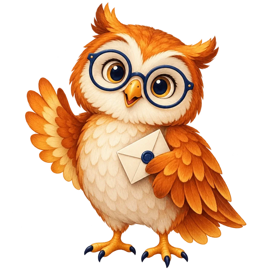 An orange owl with glasses holds an envelope and raises a wing in greeting.