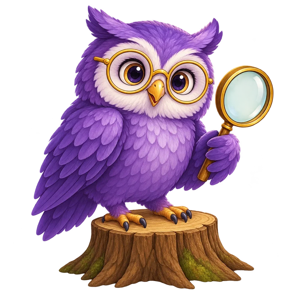 A purple owl with glasses examines a magnifying glass.