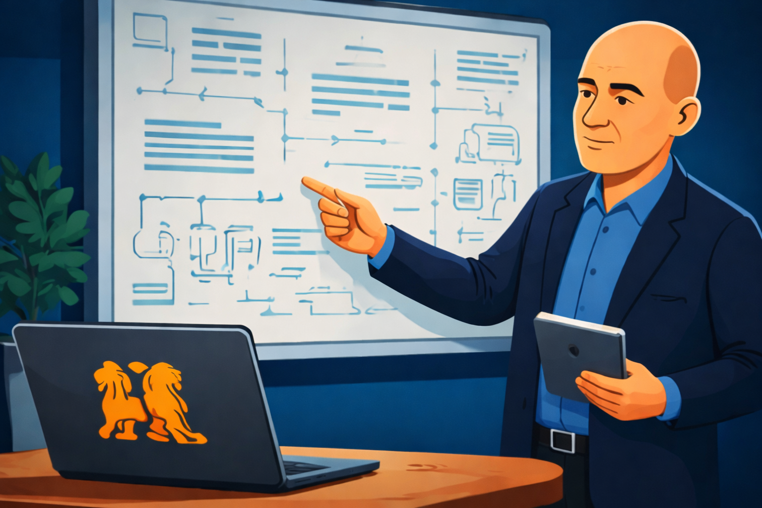 Business professional presenting AI system architecture on a whiteboard while using a laptop with lion crest logo representing SalesHandicapper Bubo AI MLOps platform